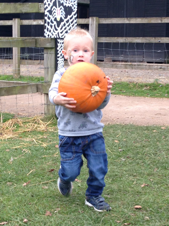 boy holding large pumpkin