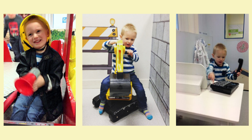 Jake at Little Street doing the activities being a fireman, sitting on a digger and working in the shop