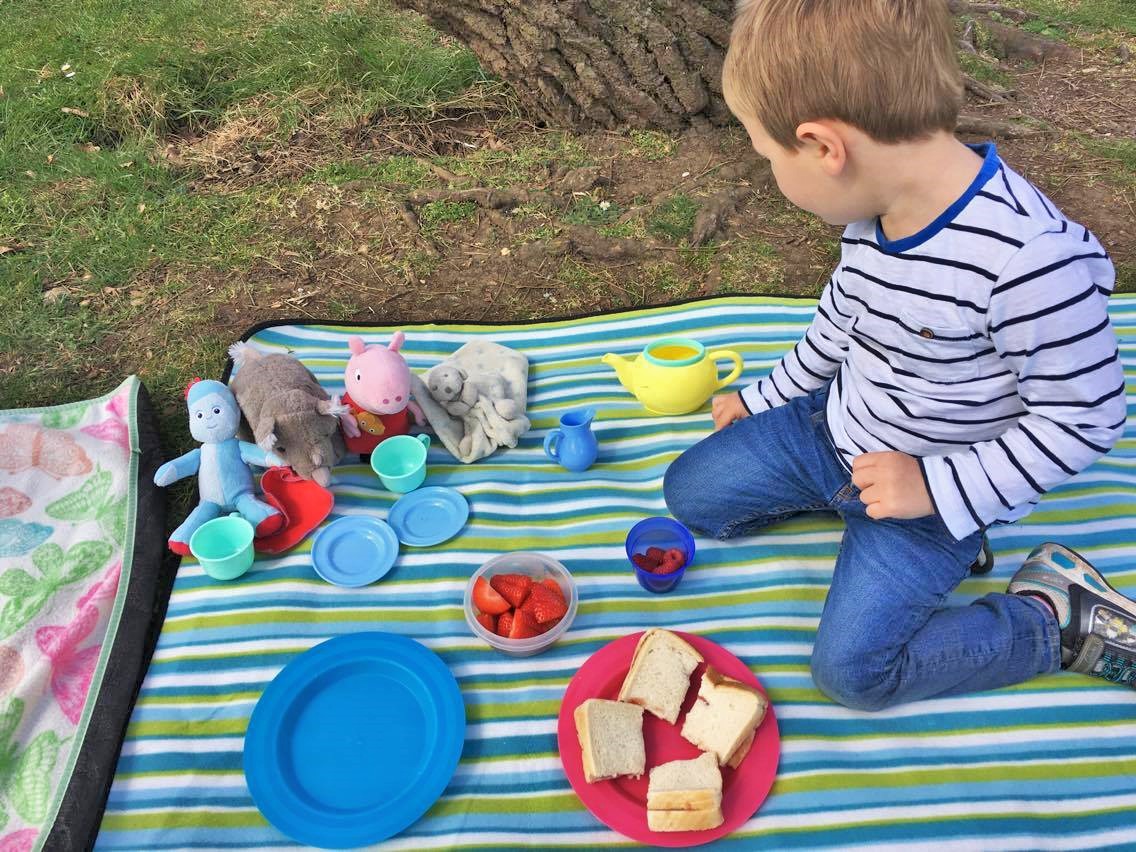 child having a picnic with teddies