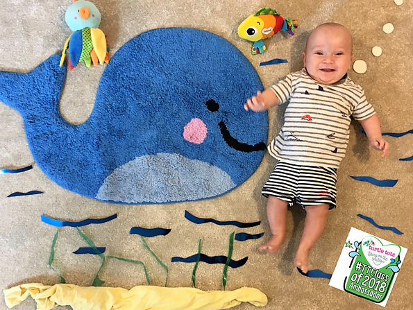 baby in a sea themed flatlay with a whale, fish, waves and turtle tots badge