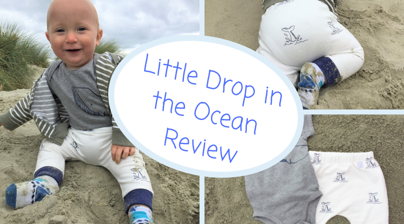 3 images of clothing one with baby wearing vest and pants then vest and pants on the beach with the title little drop in the ocean review