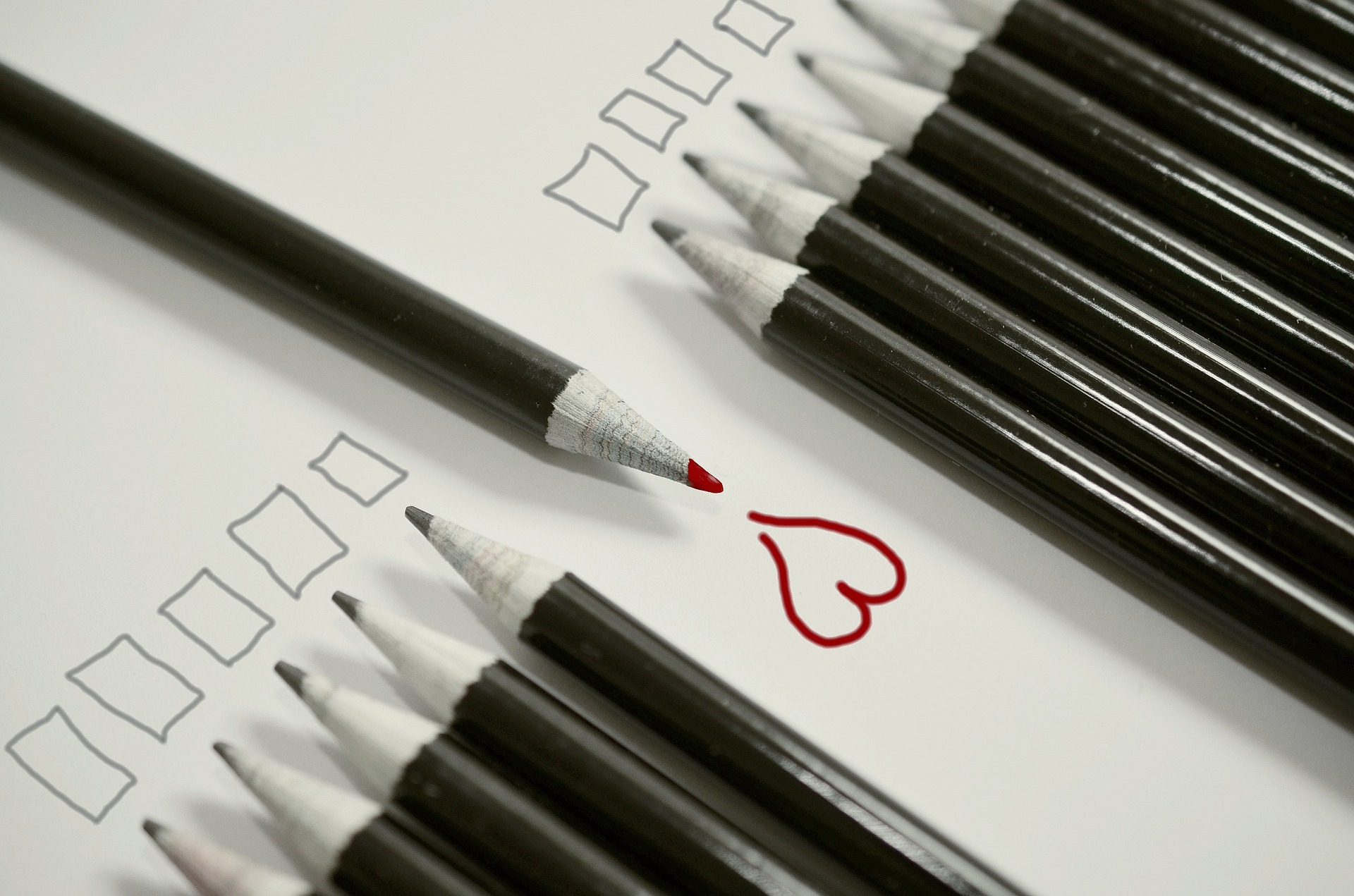 a line of perncils facing one way with one facing a different way drawing a heart