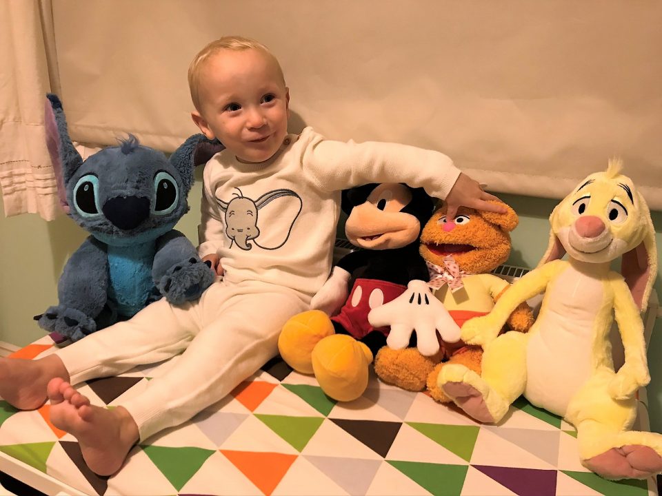 William in his Dumbo outfit whilst sitting with his new plush toys from shopDisney