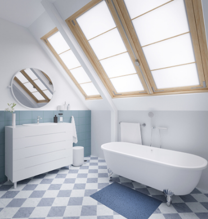 bathroom with a skylight above the bath