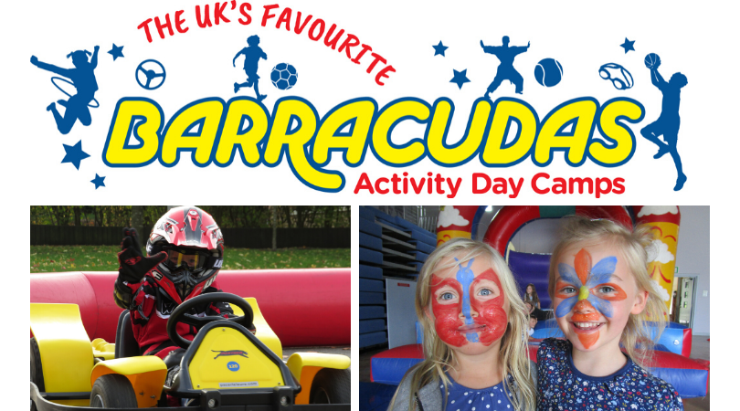 Barracudas Activity Day Camp logo with photo of boy on a go kart and 2 girls with their faces painted below