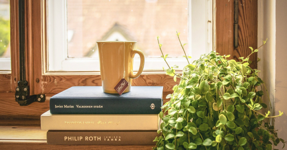 a mug on top of 3 books on a window sill