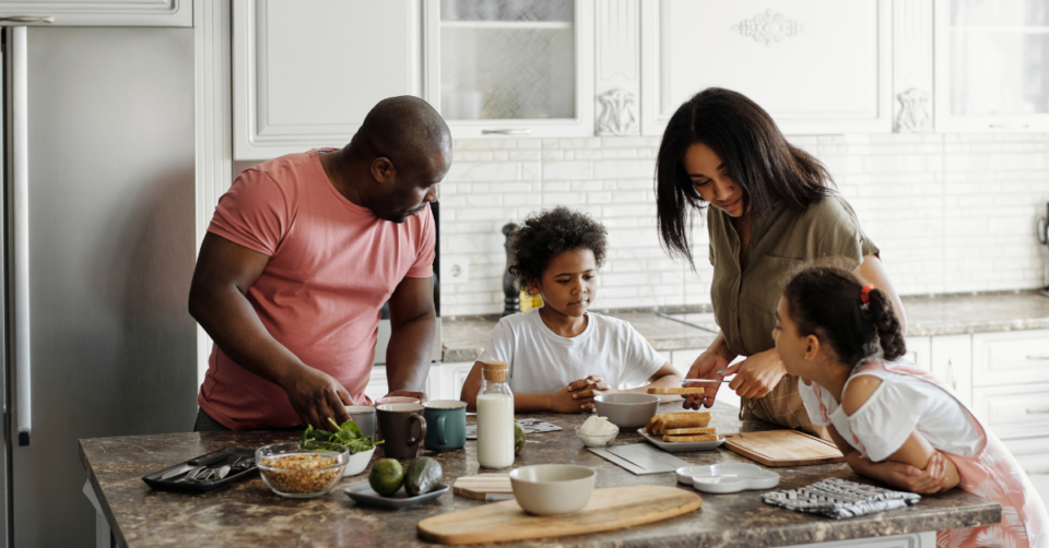 a family in a kitchen