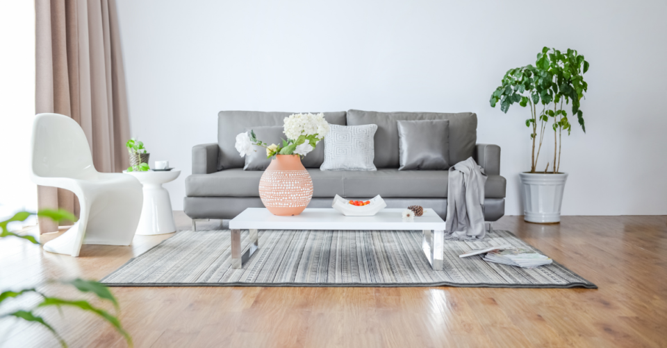 a sofa with pretty cushions, a plant, vase on a table