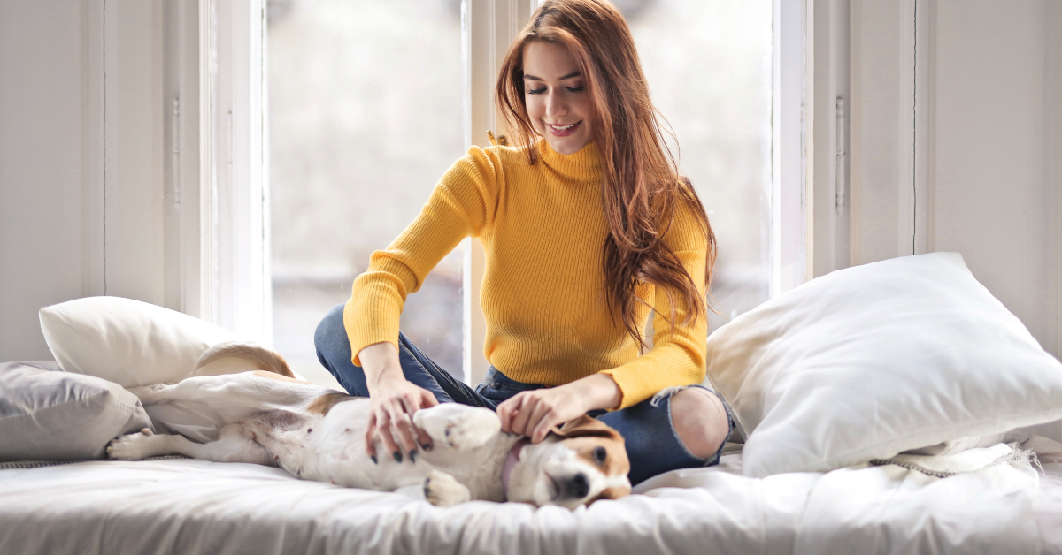 a lady stroking a dog on a bed