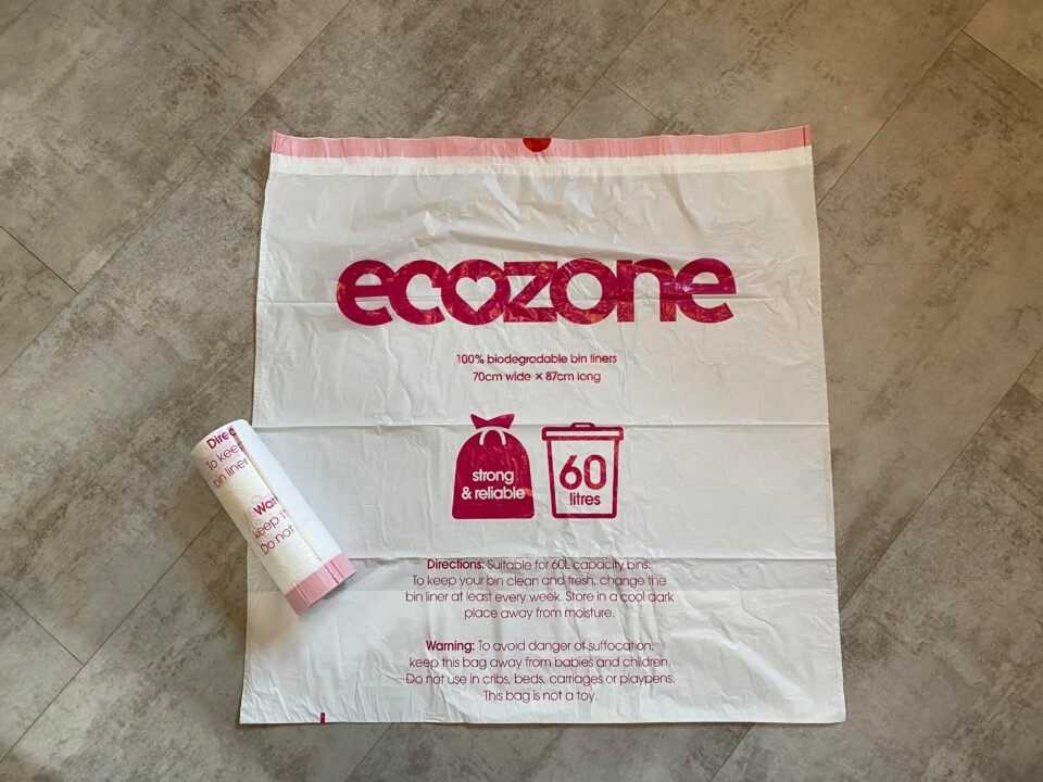 the ecozone bin liners laying on the floor of my kitchen to show how big they are