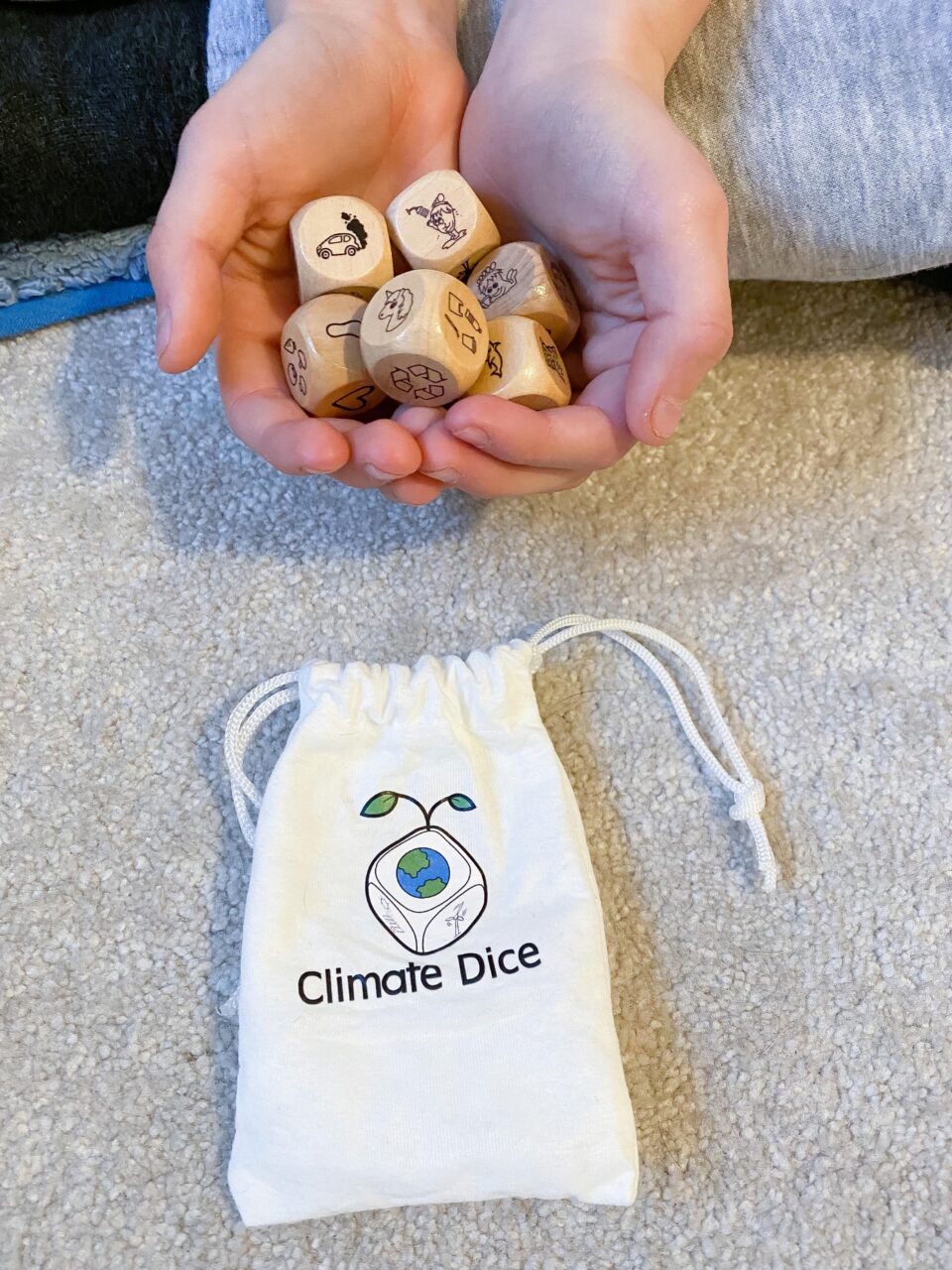 climate dice being held in a child's hand