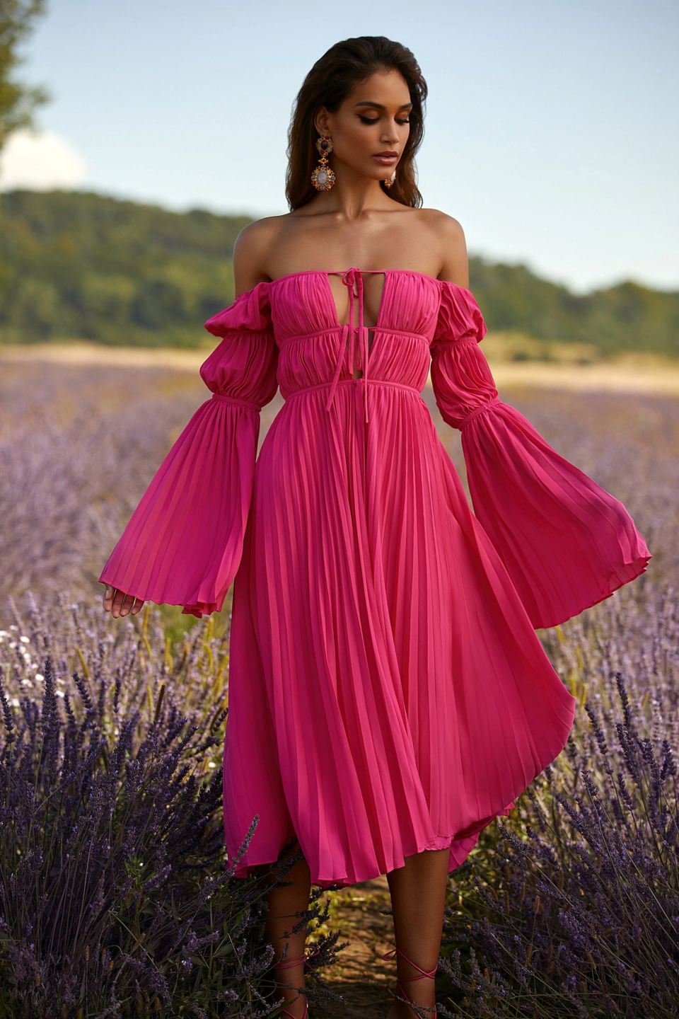 pink floaty boho dress worn by model in a lavender field