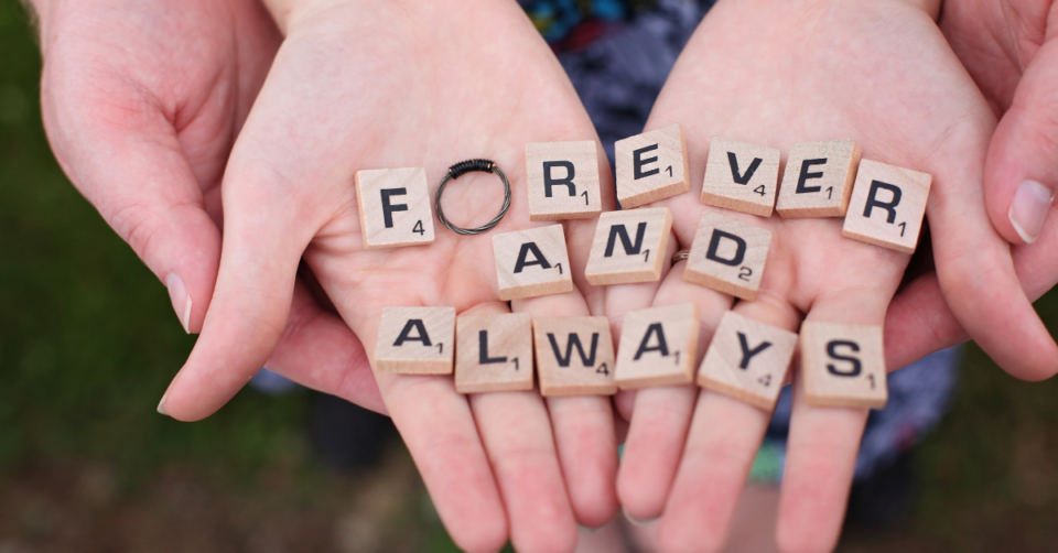 forever and always spelled out using scrabble pieces
