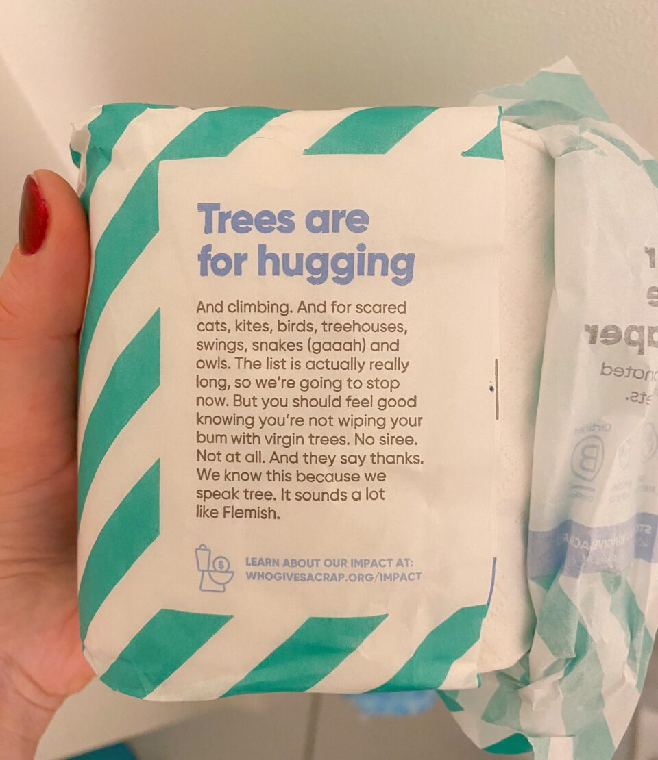 info written on the who gives a crap packaging telling the consumer about the materials used and how they don't use virgin ones