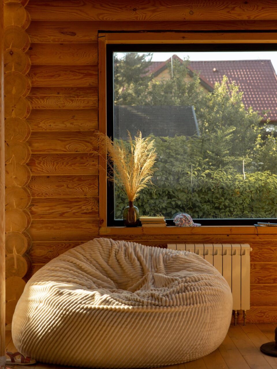 inside the garden room, a window and beanbag