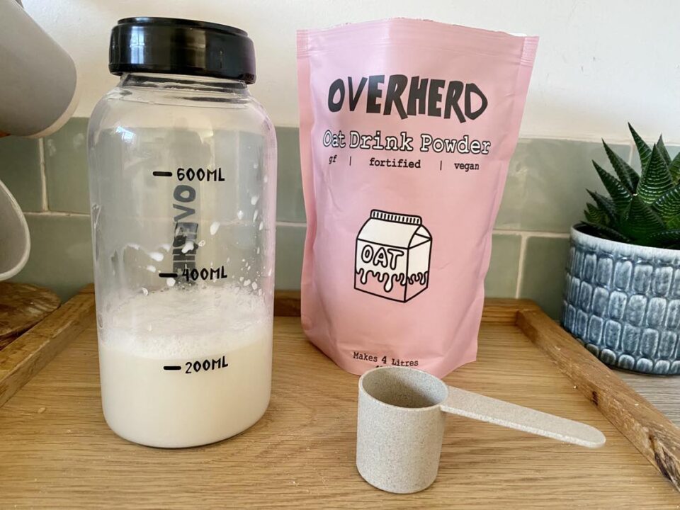 Overherd oat milk made up in the overherd glass bottle