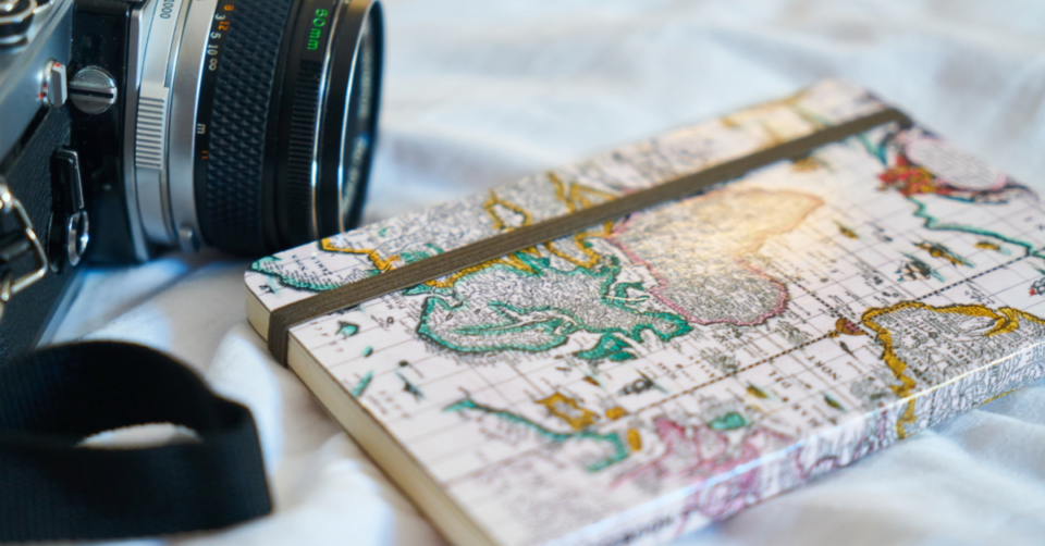 a map notebook and camera