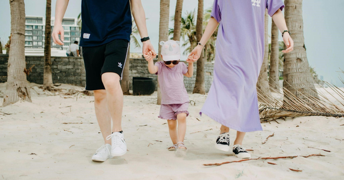 a family on a beach walking