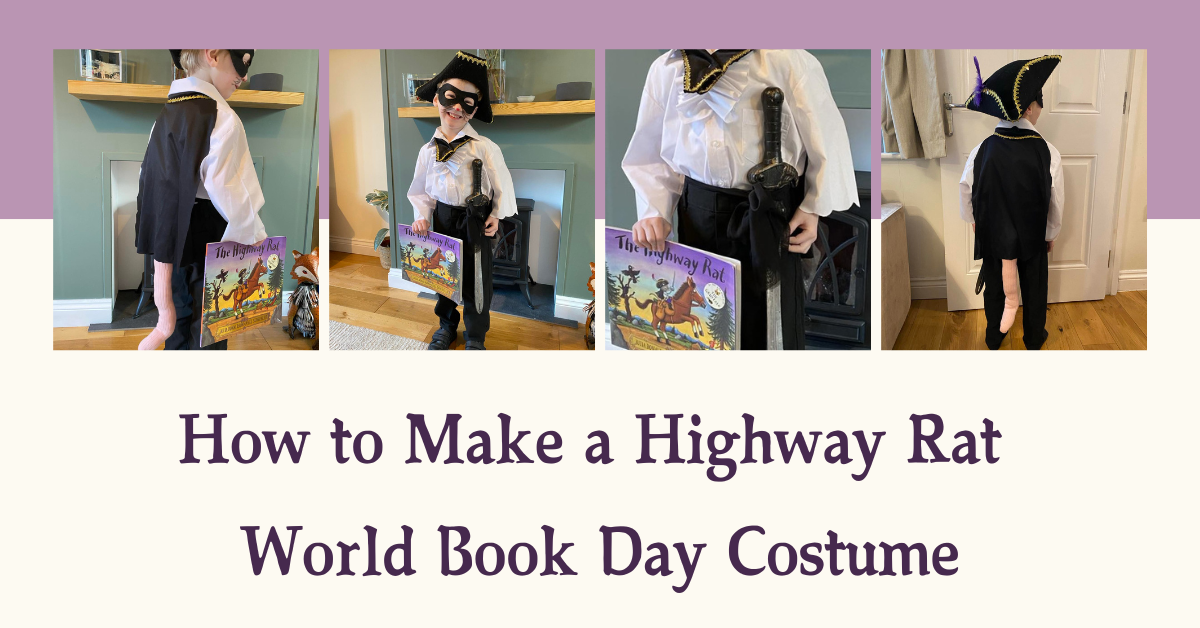 how to make a highway rat world book day costume written with 4 images of a boy dressed up