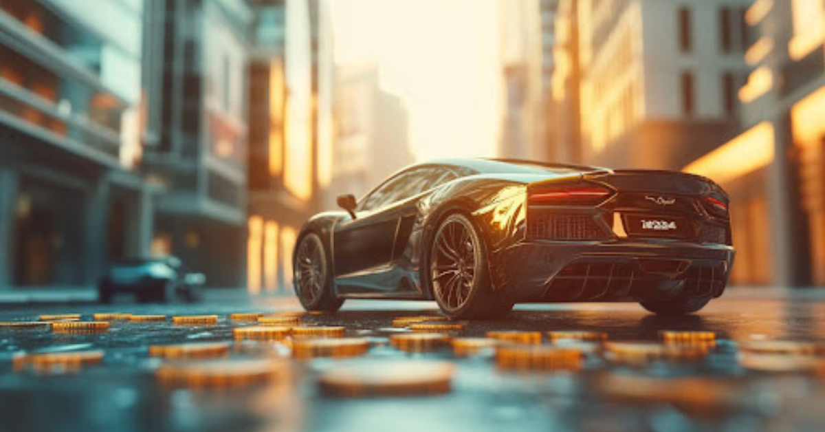 a sports car and coins on the ground