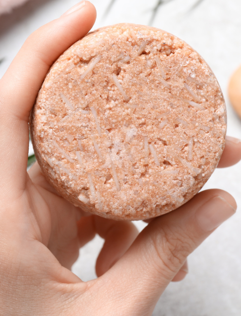 shampoo bar being held with a plant, towel and hairbrush in the background