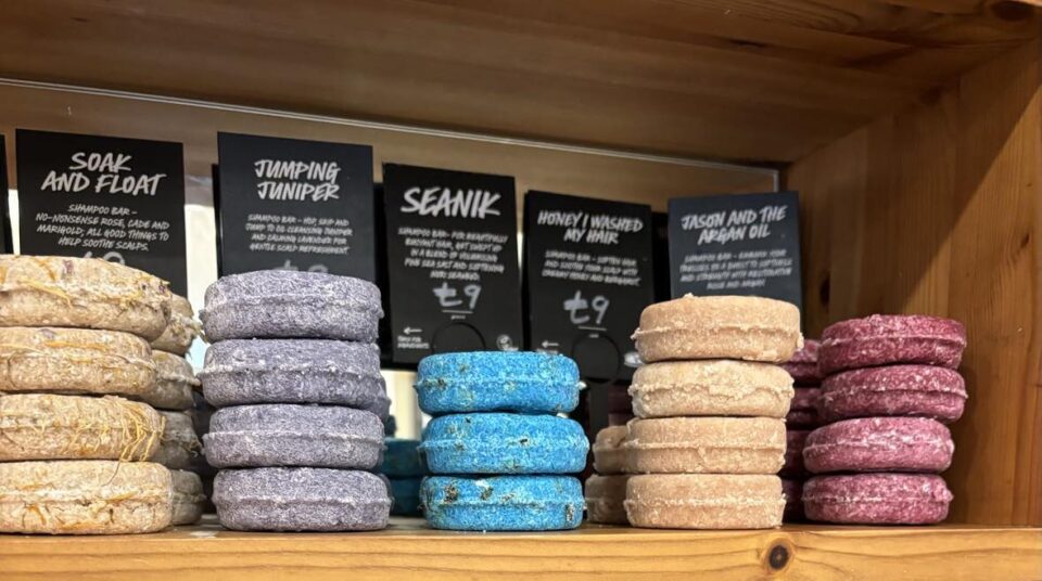 Lush shampoo bars on a shelf