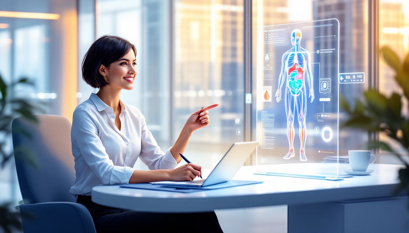 woman pointing at a screen with a human body