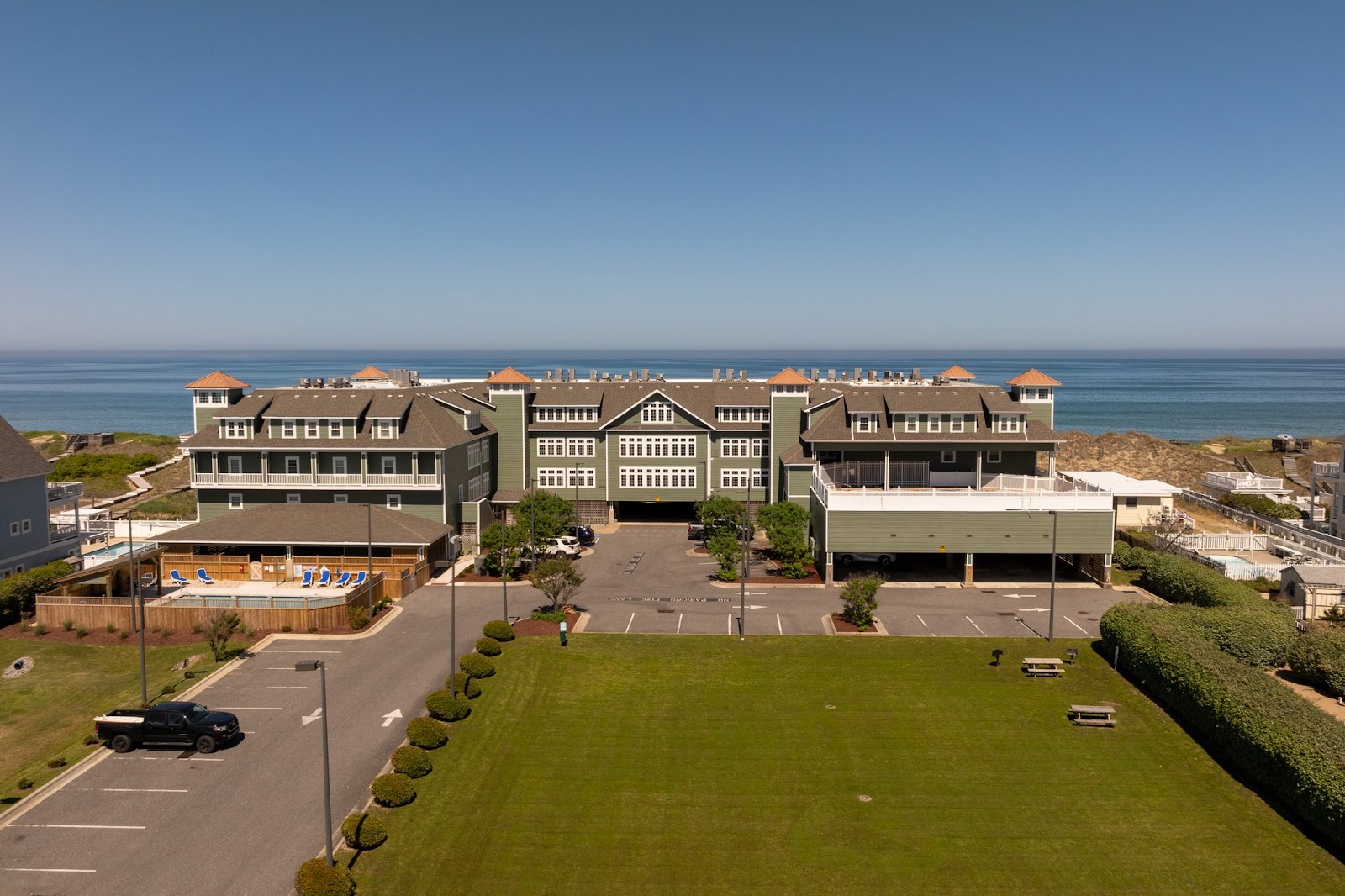 looking from above over a green hotel