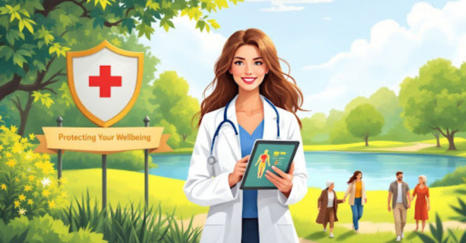 doctor by a lake and a sign with a red cross
