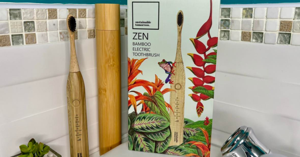 Zen Bamboo electric toothbrush with case sat on a bathroom sink