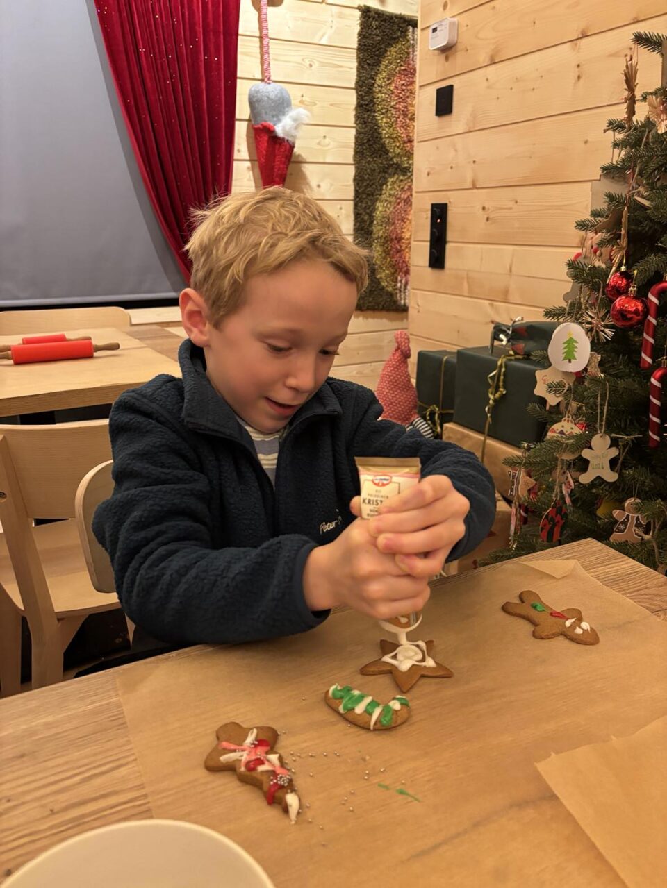 my youngest child decorating his gingerbread