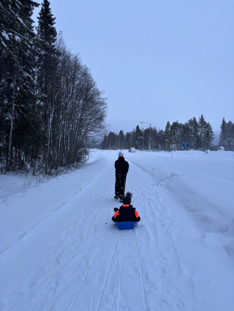 child pulling other child on sledge