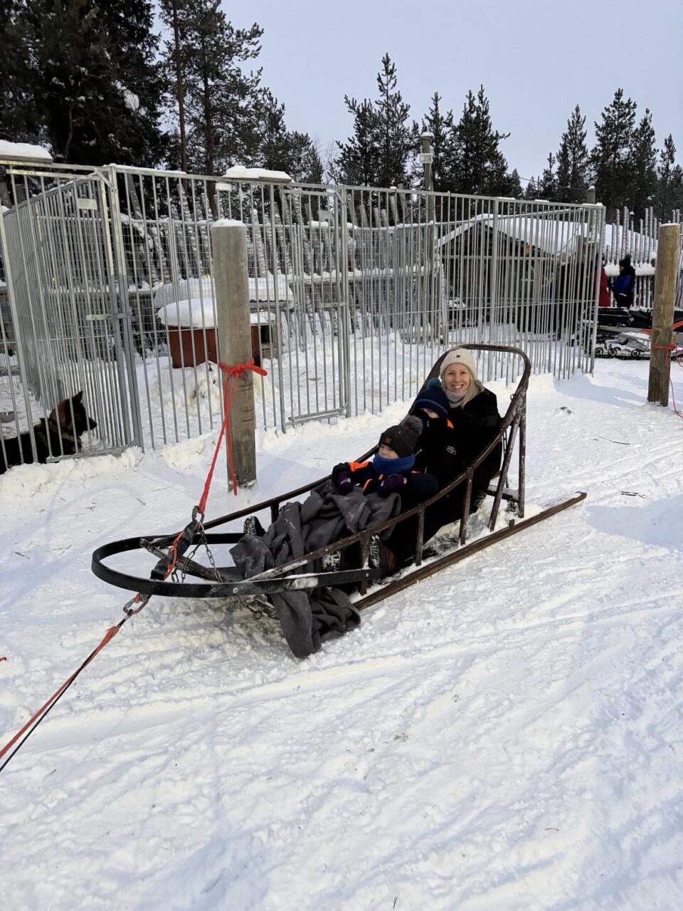 me and my two boys sat in the husky sled