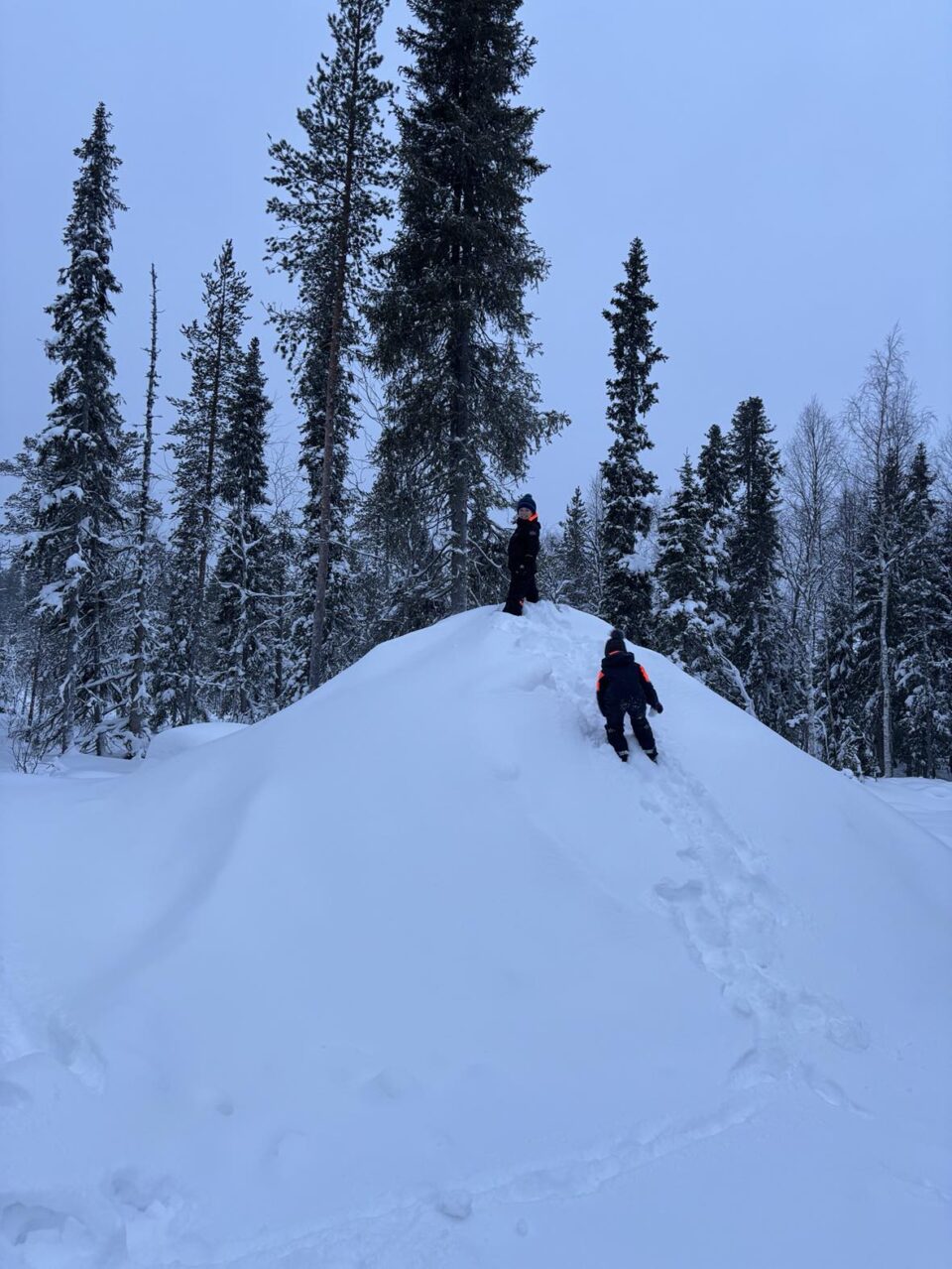 2 kids on large snow pile