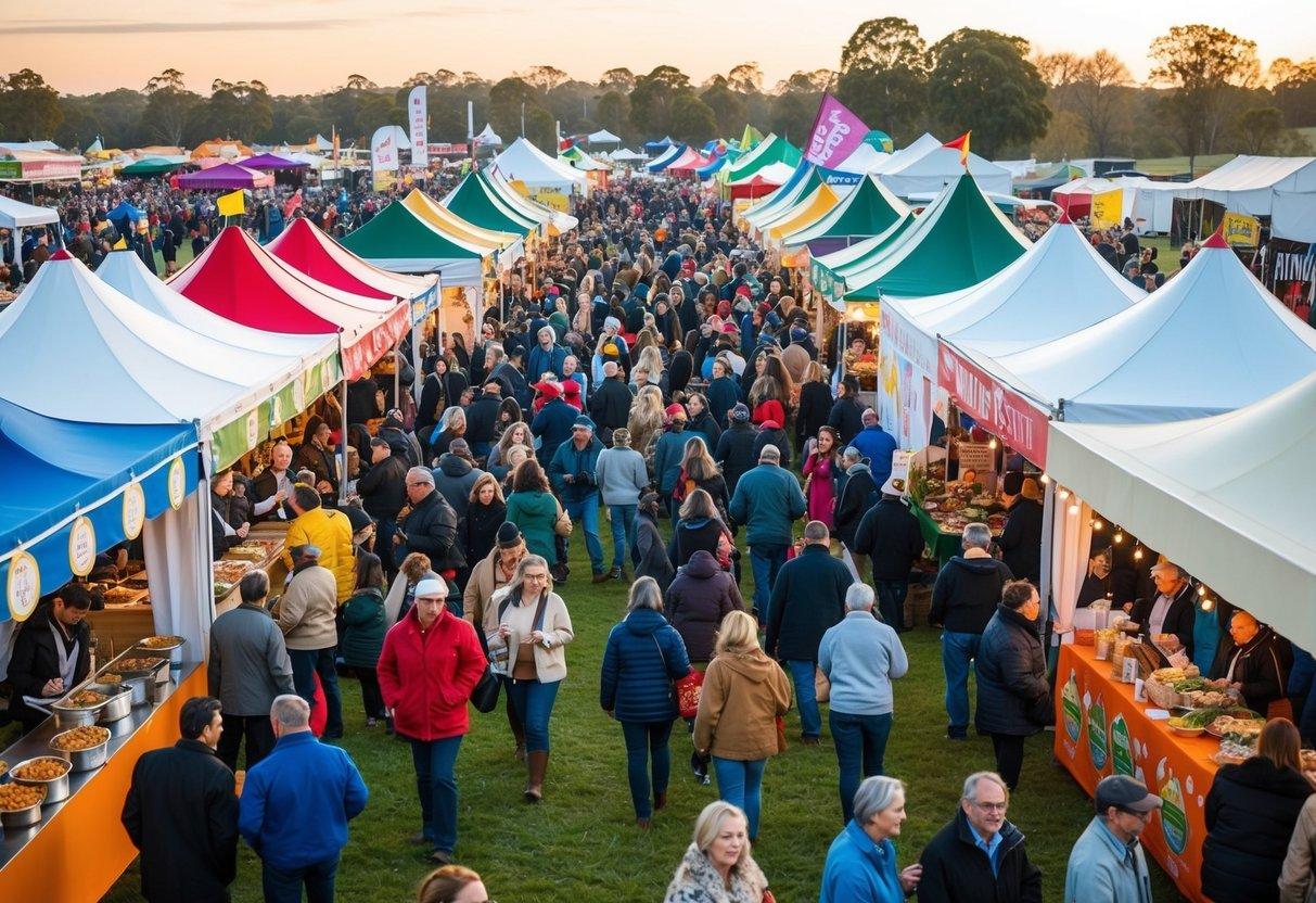 A bustling outdoor food festival in the Hunter Valley, with colorful stalls, live music, and crowds of people enjoying the seasonal and themed events