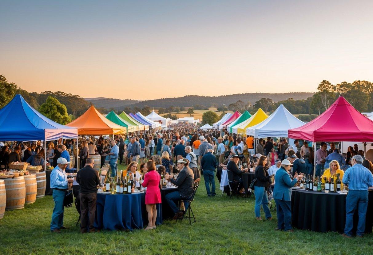 A bustling outdoor food festival with colorful tents, live music, and people enjoying wine tastings and gourmet cuisine in the picturesque Hunter Valley