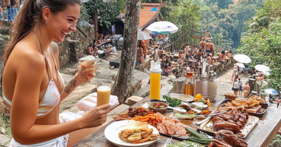 a lady traveling and eating well