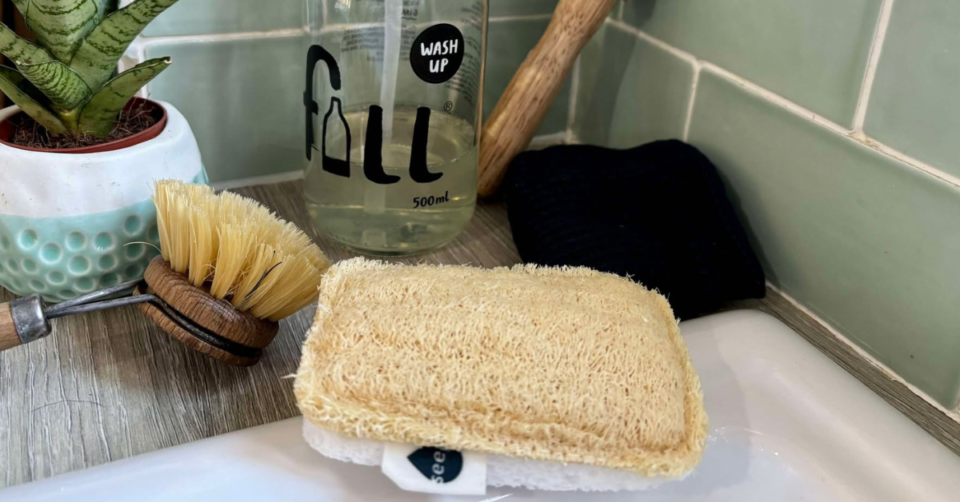 the seep eco sponge scourer next to a seep cloth, fill washing up liquid, a wooden brush and a plant