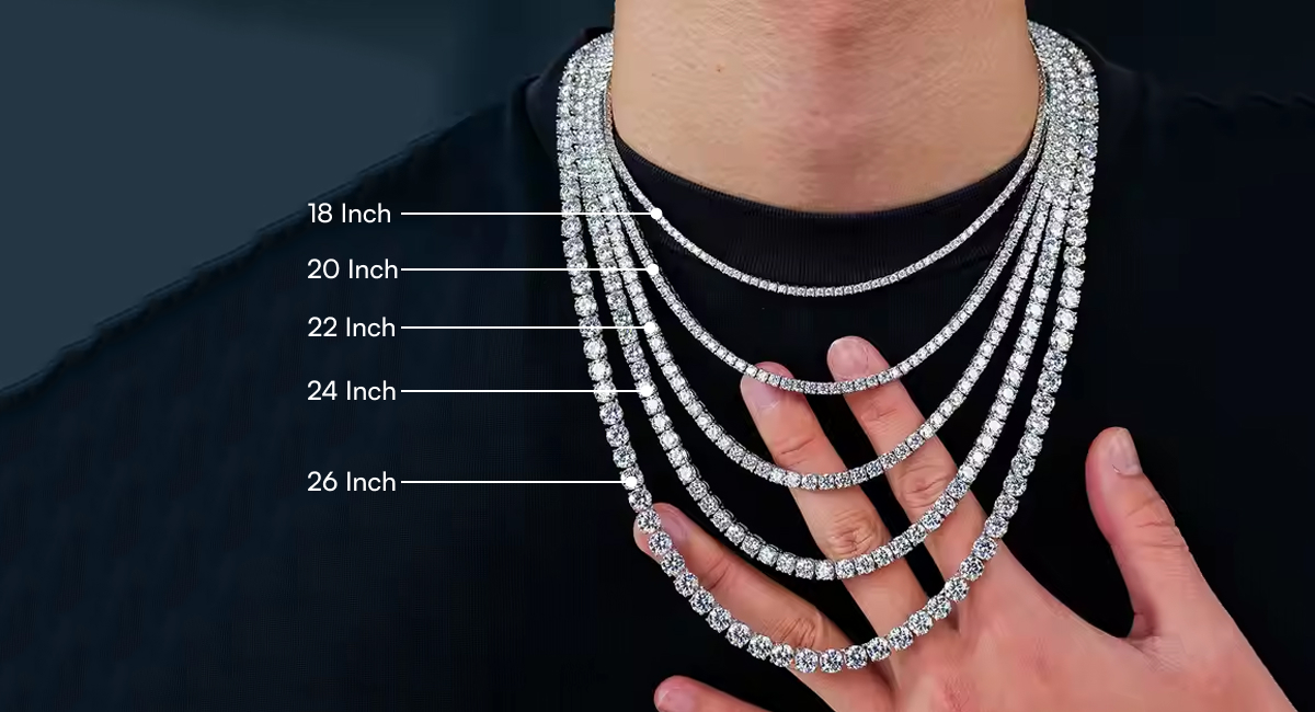 a lady wearing a variety of necklaces in different sizes