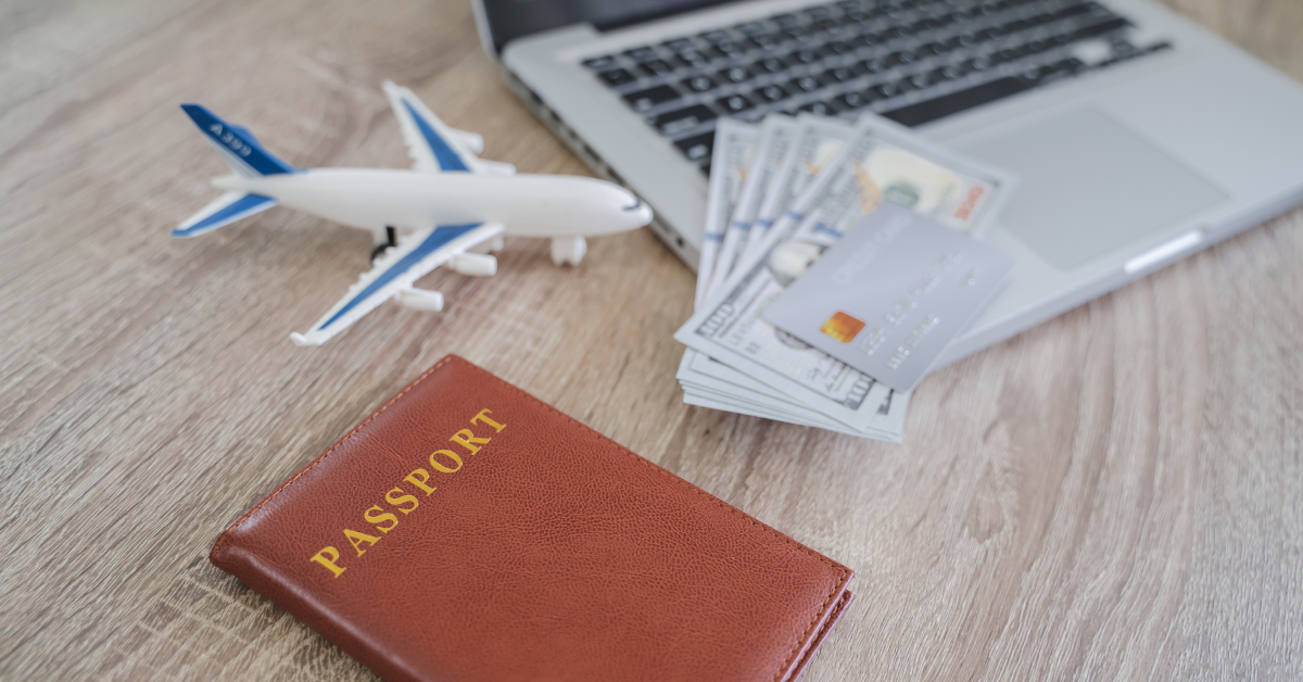 small aeroplane with passport money and laptop