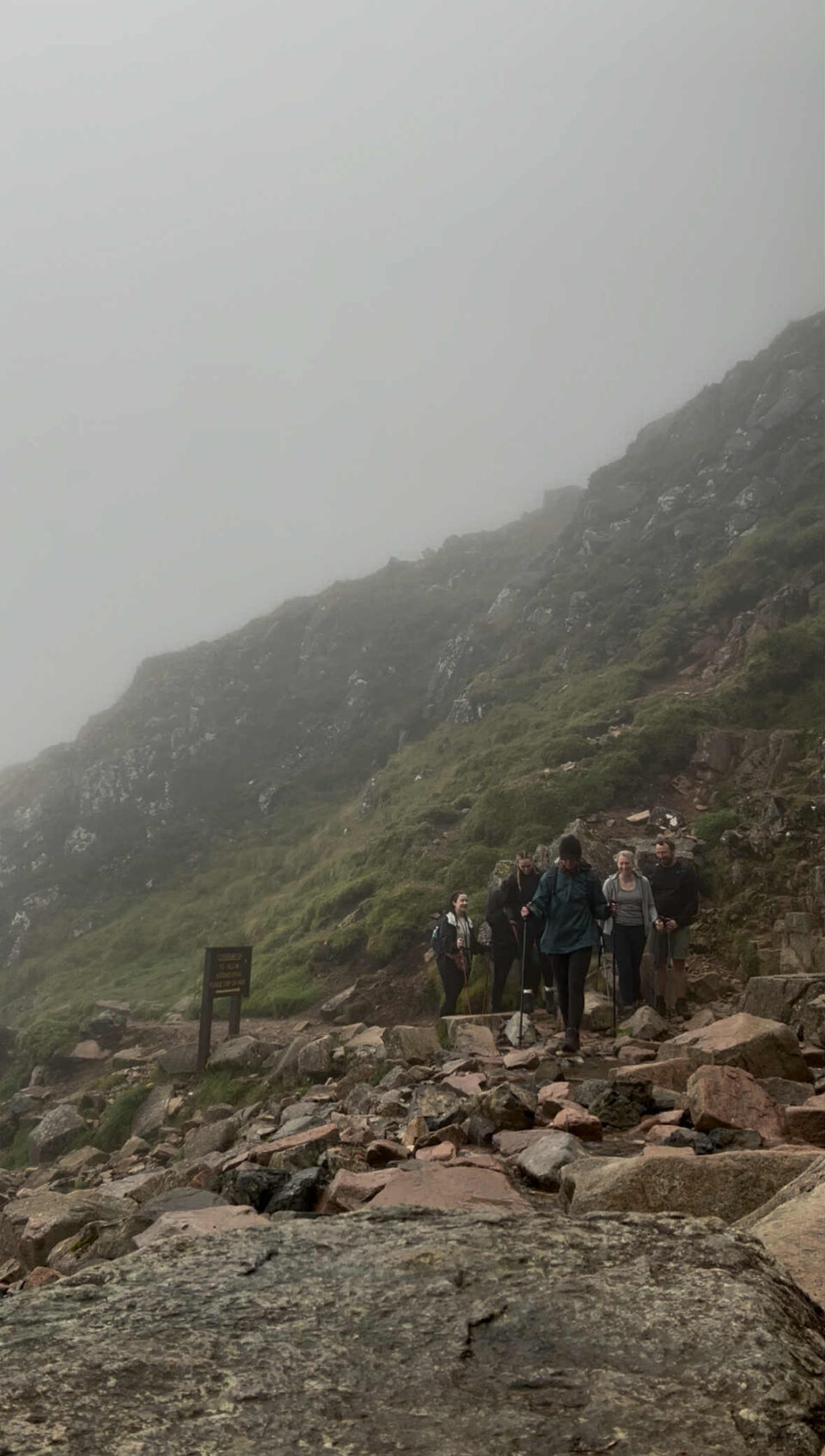 the whole team at the halfway point, crossing the waterfall path