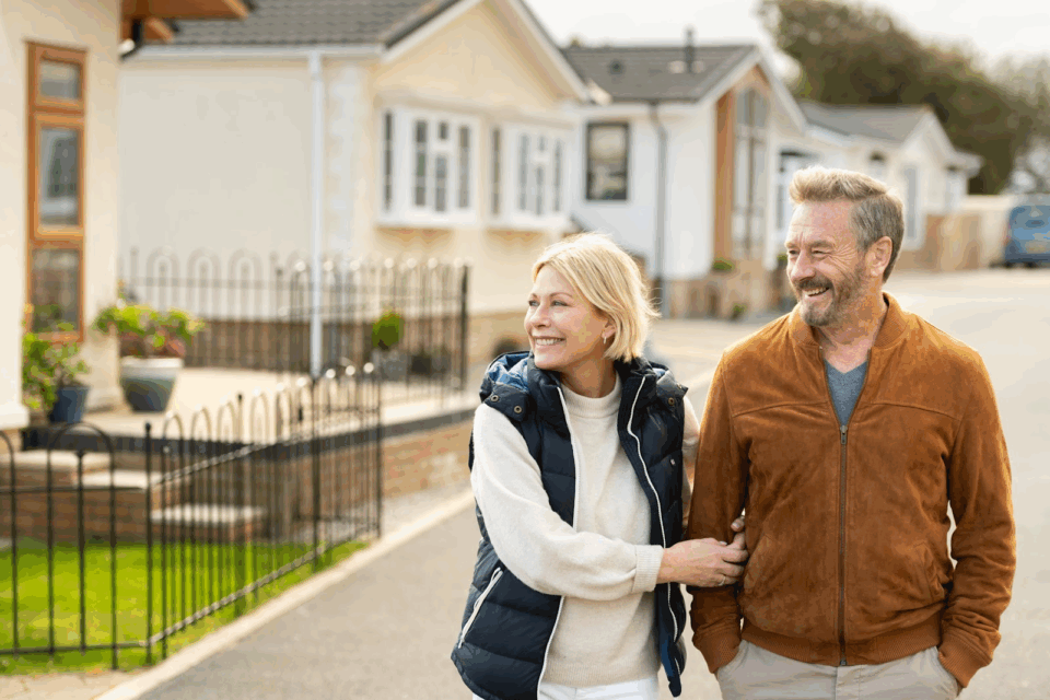 2 smiling people looking at bungalows