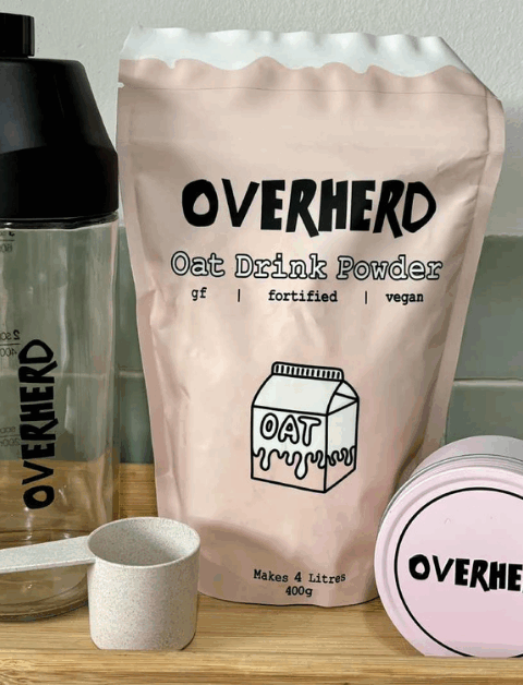 overherd oat milk with the shaker bottle, scoop and travel tin