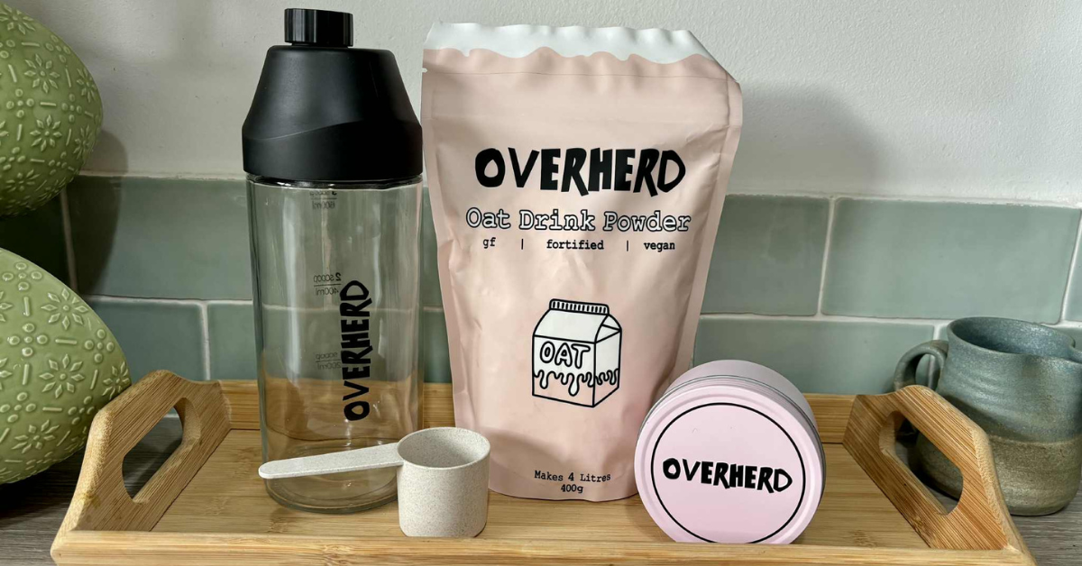 overherd oat milk with the shaker bottle, scoop and travel tin