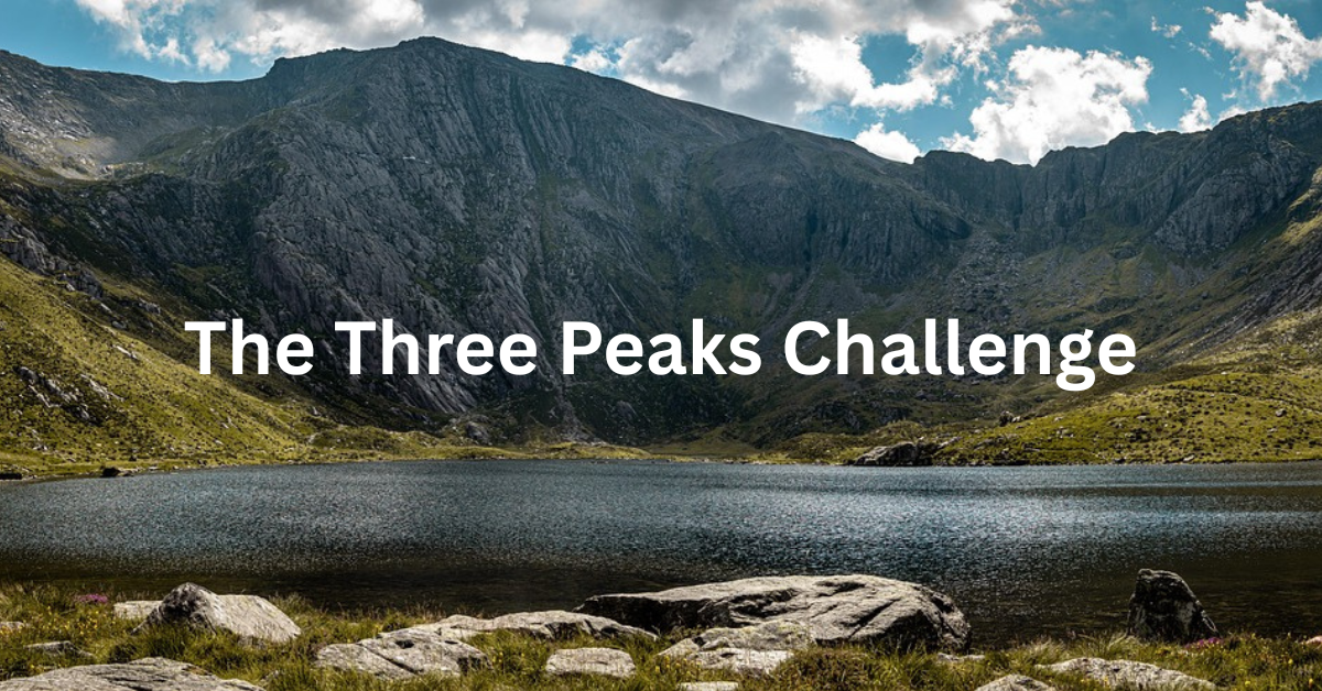 the three peaks challenge over a photo of Snowdon's lake