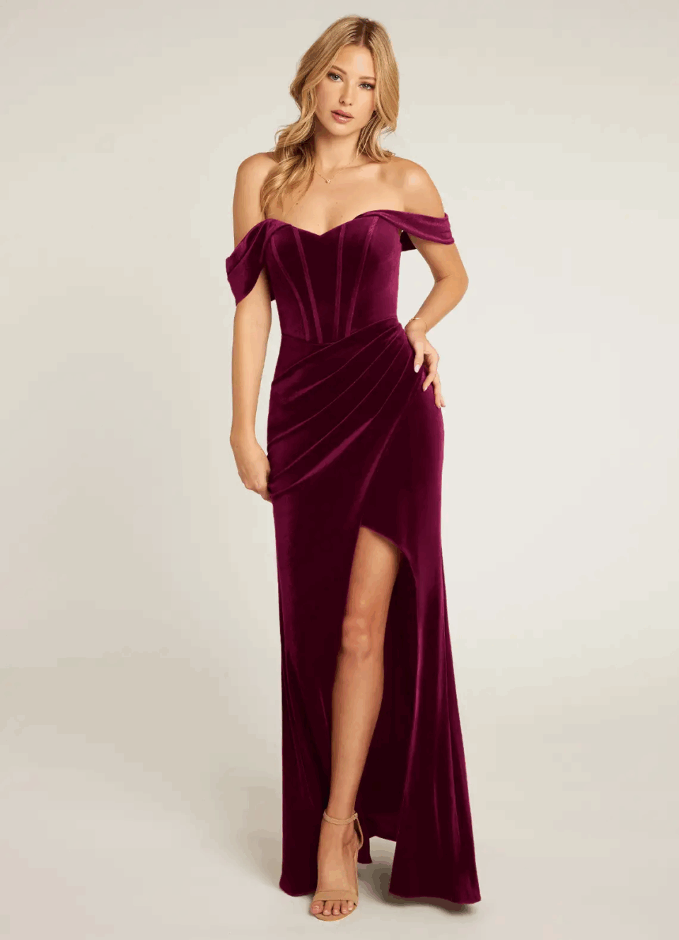 a gorgeous velvet crimson party dress, long and off shoulder design
