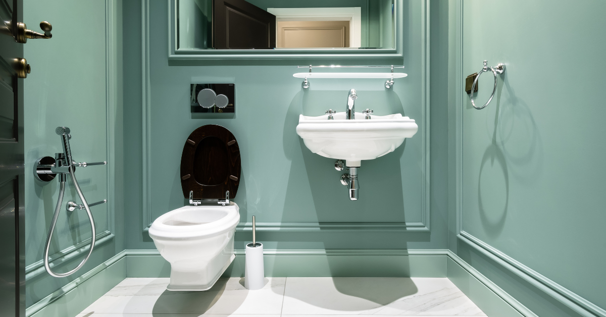 a lovely lookig toilet and basin in a green room
