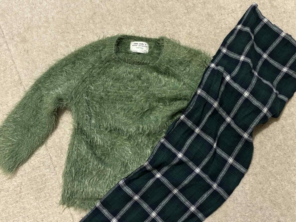 fluffy green jumper and PJ bottoms