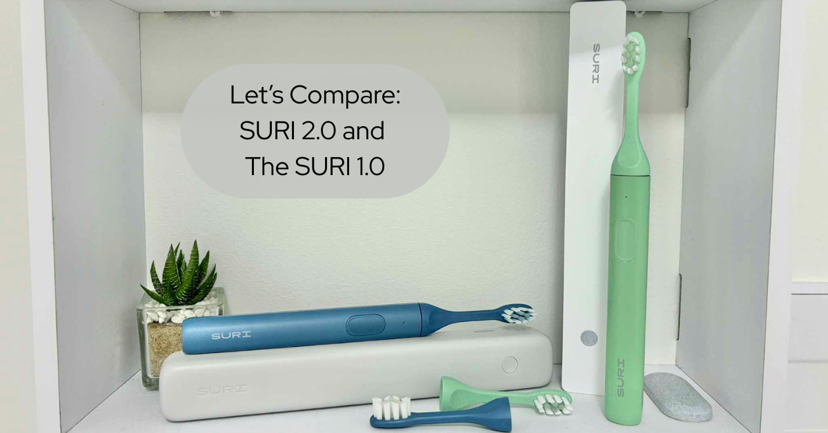 SURI 2.0 and the SURI 1.0 with their travel cases and spare heads on a shelf