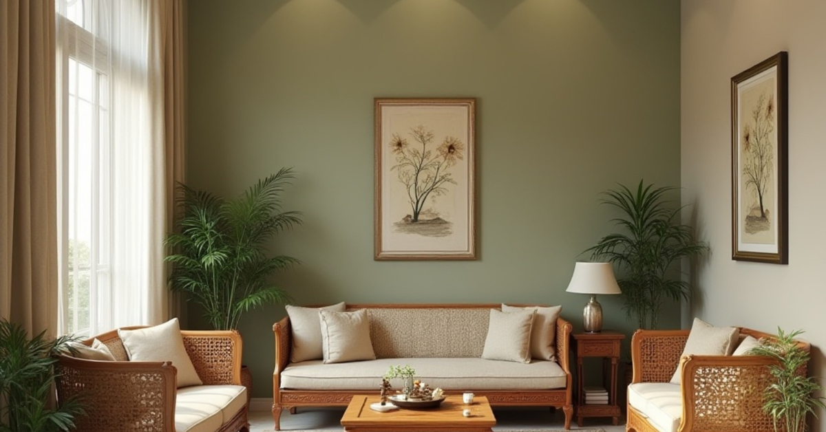 a small living room with plants and art